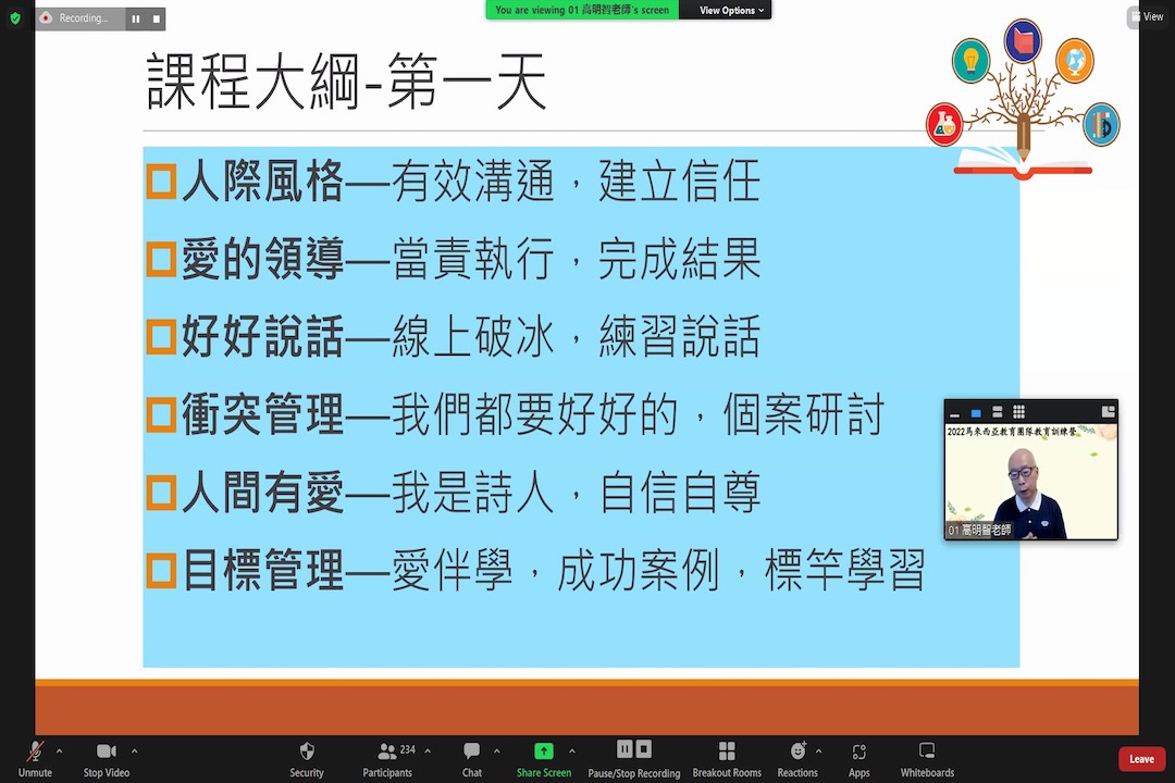 第一天的课程以台湾探索教育团队高明智老师及其团队设计的“人际风格”、“爱的领导”、“好好说话”、“冲突管理” 、 “人间有爱”为主轴。 【线上截图：何维美】